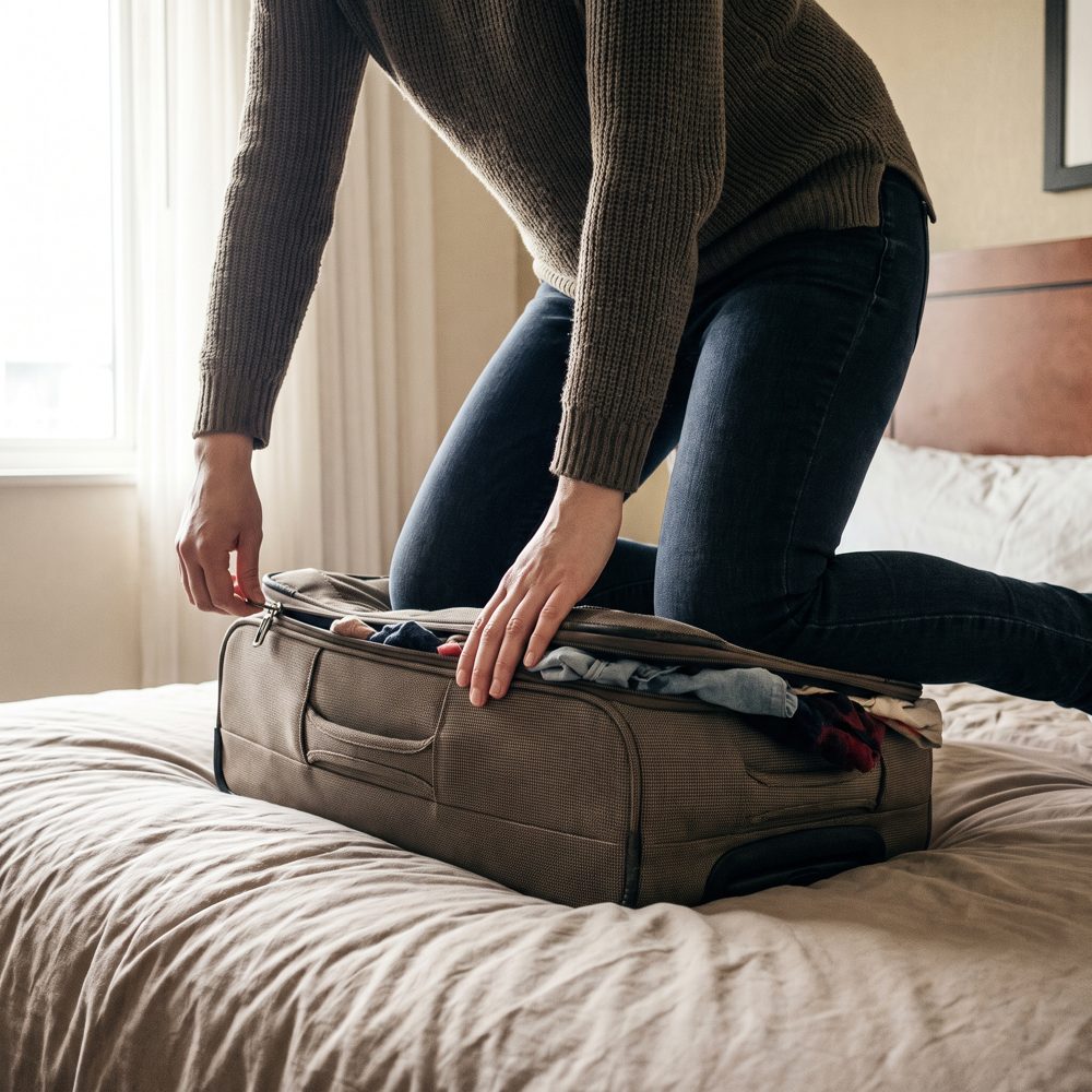 Kneeling on an overstuffed suitcase