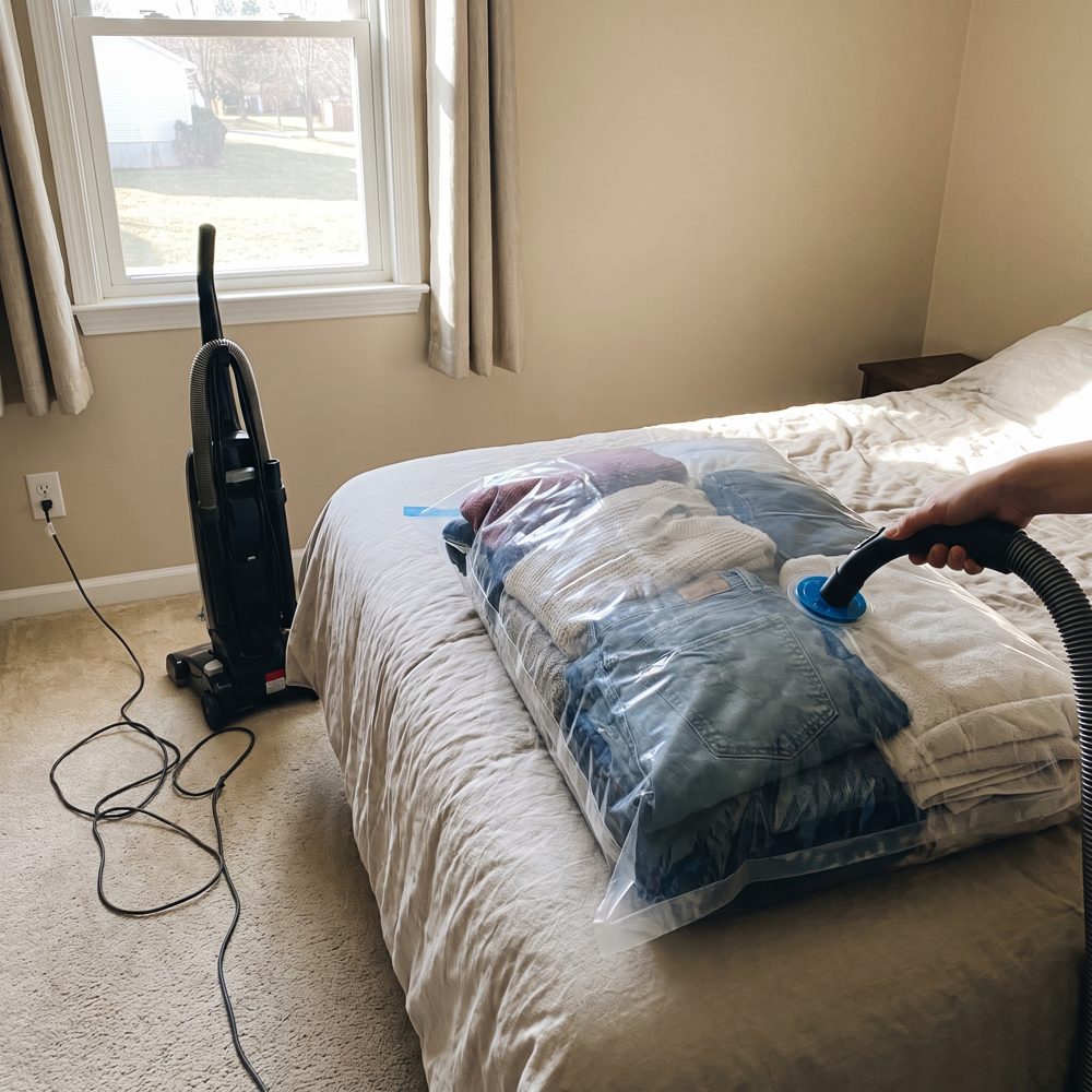 A vacuum storage bag with a household vacuum hose